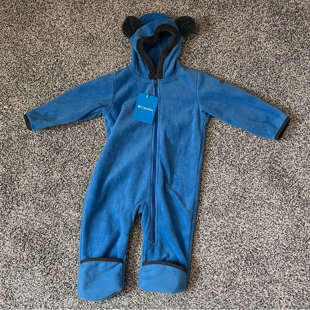 Columbia Blue Fleece Hooded Baby One-Piece with Ear Details NWT 12-18m